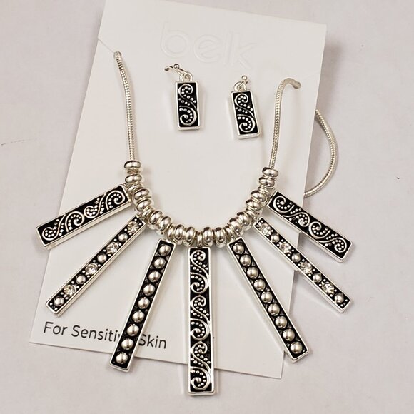 belk Jewelry - Belk Necklace earring set, sensitive skin, silver tone black textured bar dangle